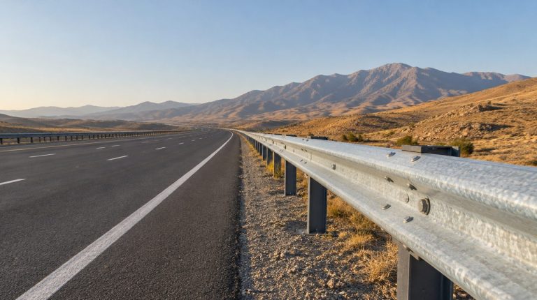 Galvanized steel W-beam guardrail along a highway with mountains on the horizon